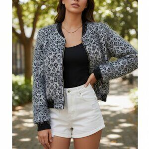 Courtess Juniors S Black White Eyelash Leopard Print Bomber Jacket Cropped